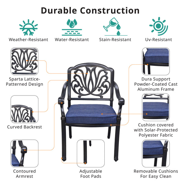 Athens Patio Dining Chairs with Sunbrella Cushions, All-Weather, Sturdy, and Comfortable Outdoor Aluminum Armchairs with Cushions, Set of 2