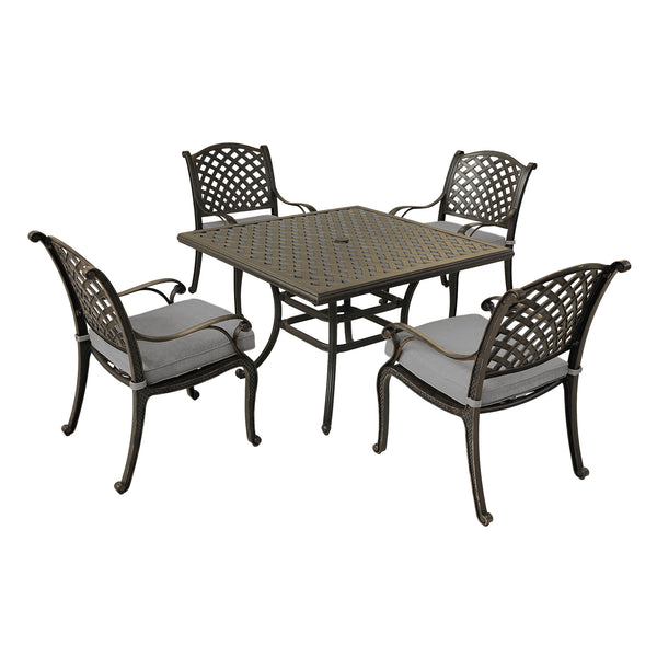 Sparta 5 Piece Aged Bronze Aluminum Square Dining Set with 4 Cushioned Arm Dining Chairs