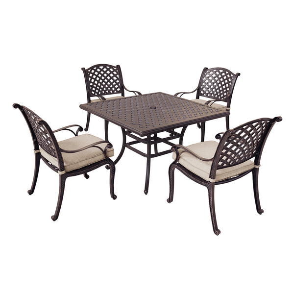 Sparta 5 Piece Aged Bronze Aluminum Square Dining Set with 4 Cushioned Arm Dining Chairs