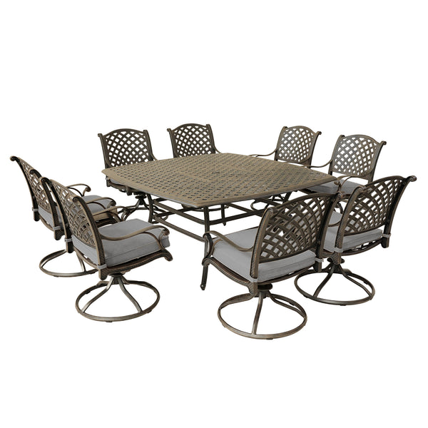 Sparta 9 Piece Aged Bronze Aluminum Square Dining Set with 8 Cushioned Swivel Dining Chairs