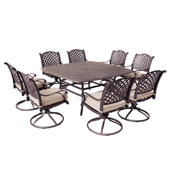 Sparta 9 Piece Aged Bronze Aluminum Square Dining Set with 8 Cushioned Swivel Dining Chairs