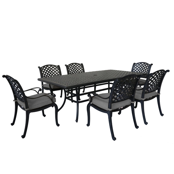 Sparta 7 Piece Aged Bronze Aluminum Rectangle Dining Set with 6 Cushioned Arm Dining Chairs