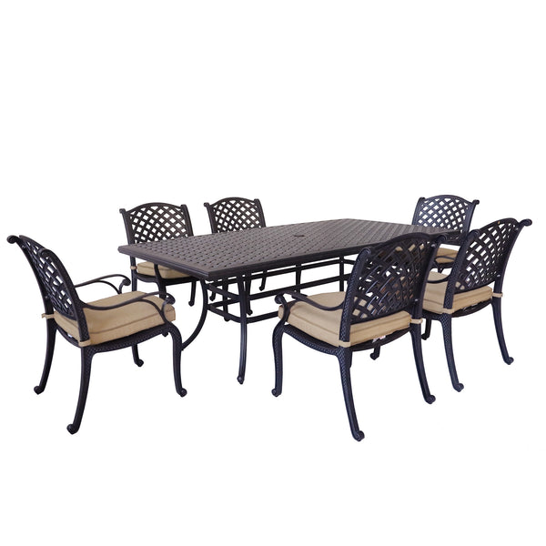 Sparta 7 Piece Aged Bronze Aluminum Rectangle Dining Set with 6 Cushioned Swivel Dining Chairs