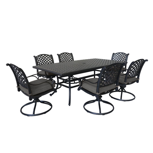 Sparta 7 Piece Aged Bronze Aluminum Rectangle Dining Set with 6 Cushioned Swivel Dining Chairs