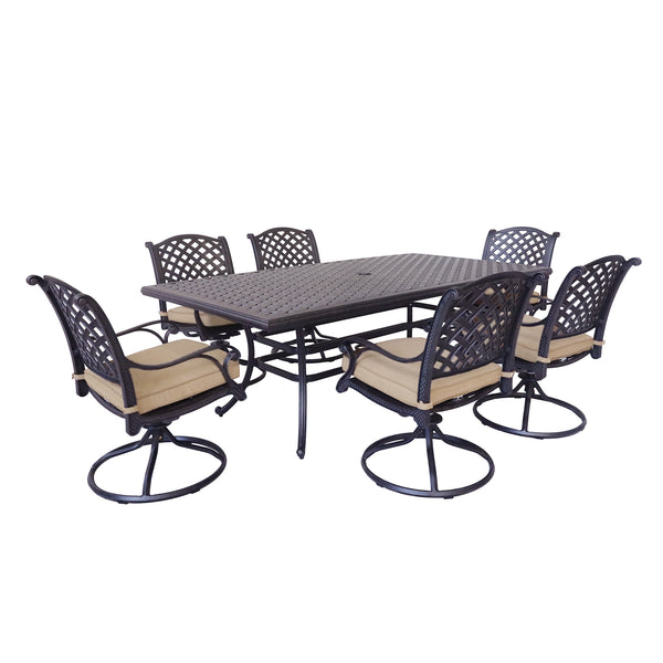 Sparta 7 Piece Aged Bronze Aluminum Rectangle Dining Set with 6 Cushioned Swivel Dining Chairs