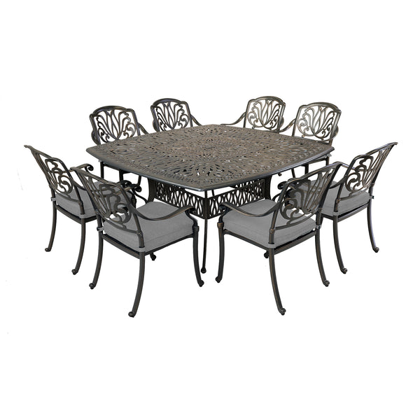 Athens 9-Piece Gun Metal Aluminum Square Dining Set with 8 Cushioned Arm Dining Chairs