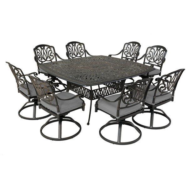 Athens 9-Piece Gun Metal Aluminum Square Dining Set with 8 Cushioned Swivel Dining Chairs