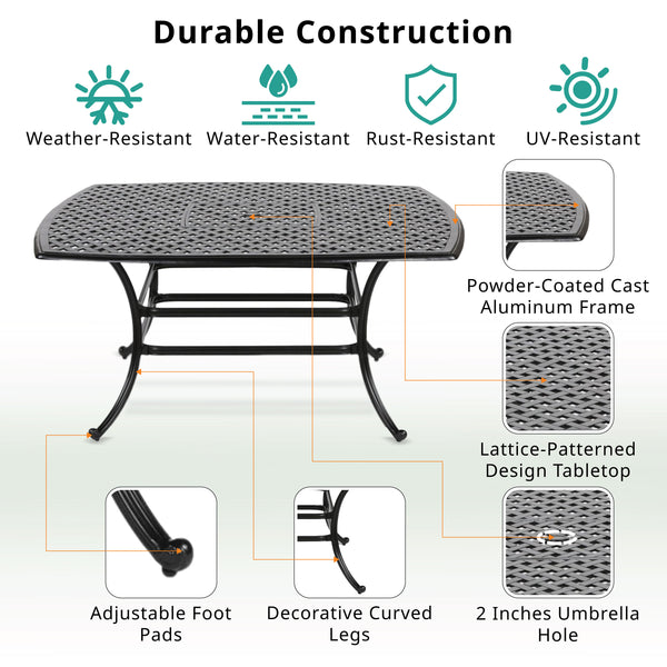Sparta Outdoor 64" Square Aluminum Dining Table with an umbrella opening: Rust-Resistant, Durable Dining Table for Patio, Garden, and Terrace