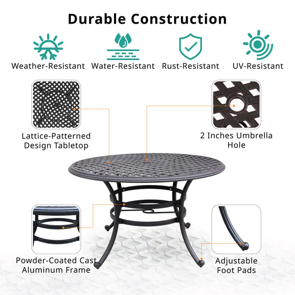 Florence Premium Aluminum 49"" Round Dining Table with Umbrella Hole: Weather-Resistant, Durable, Modern Outdoor Furniture for Patio and Garden