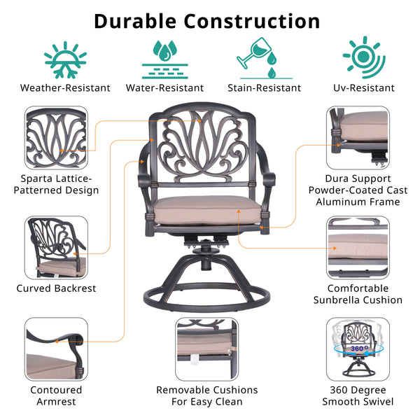 Athens Patio Swivel Rockers with Sunbrella Cushion, All-Weather, Durable, and Comfortable Outdoor Aluminum Armchairs with Cushion, Set of 2