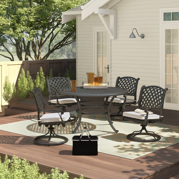 Sparta Stylish Outdoor 5-Piece Aluminum Dining Set with Cushion: Weather-Resistant, Classic, Durable and Comfortable Patio Furniture Set with Swivel Rockers and Round Table
