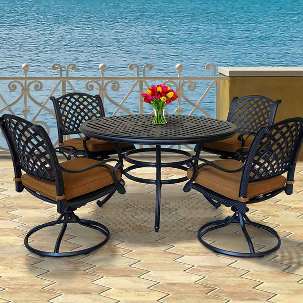 Sparta Stylish Outdoor 5-Piece Aluminum Dining Set with Cushion: Weather-Resistant, Classic, Durable and Comfortable Patio Furniture Set with Swivel Rockers and Round Table