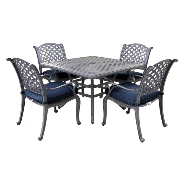 Sparta 5 Piece Aged Bronze Aluminum Square Dining Set with 4 Cushioned Arm Dining Chairs