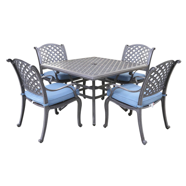Sparta 5 Piece Aged Bronze Aluminum Square Dining Set with 4 Cushioned Arm Dining Chairs