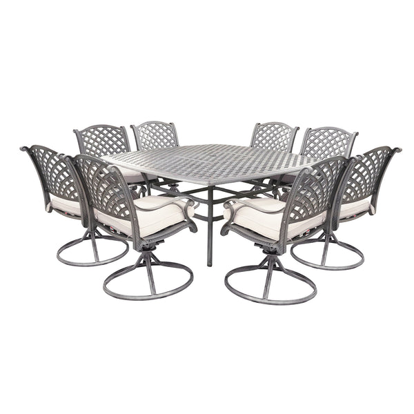 Sparta 9 Piece Aged Bronze Aluminum Square Dining Set with 8 Cushioned Swivel Dining Chairs