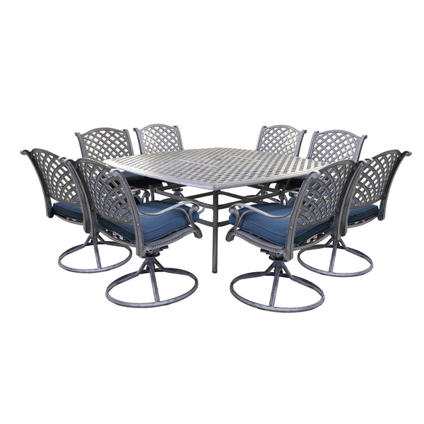 Sparta 9 Piece Aged Bronze Aluminum Square Dining Set with 8 Cushioned Swivel Dining Chairs