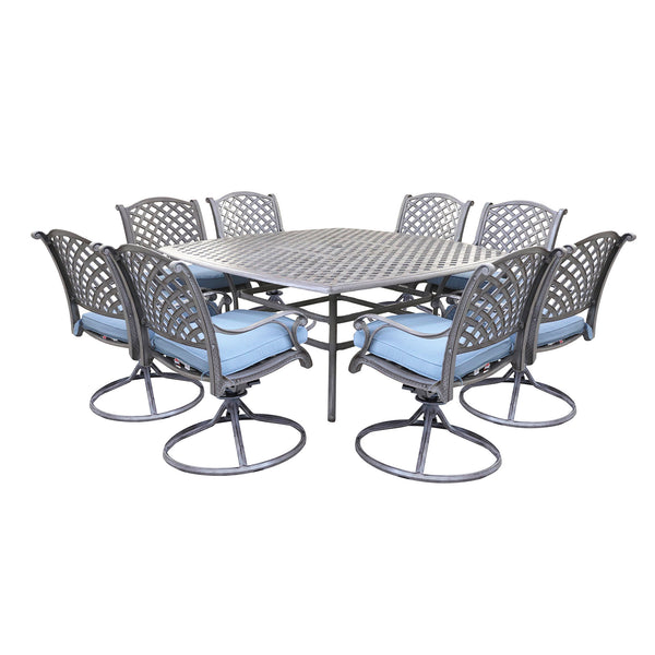 Sparta 9 Piece Aged Bronze Aluminum Square Dining Set with 8 Cushioned Swivel Dining Chairs