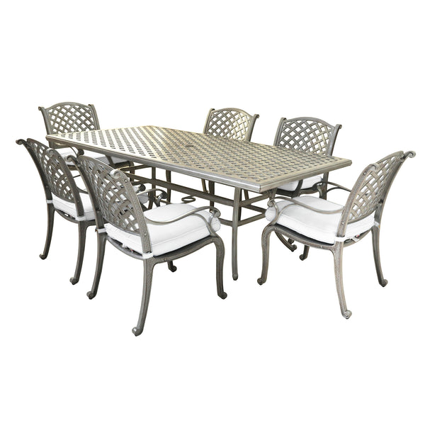 Sparta 7 Piece Aged Bronze Aluminum Rectangle Dining Set with 6 Cushioned Arm Dining Chairs