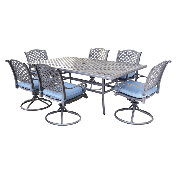 Sparta 7 Piece Aged Bronze Aluminum Rectangle Dining Set with 6 Cushioned Swivel Dining Chairs