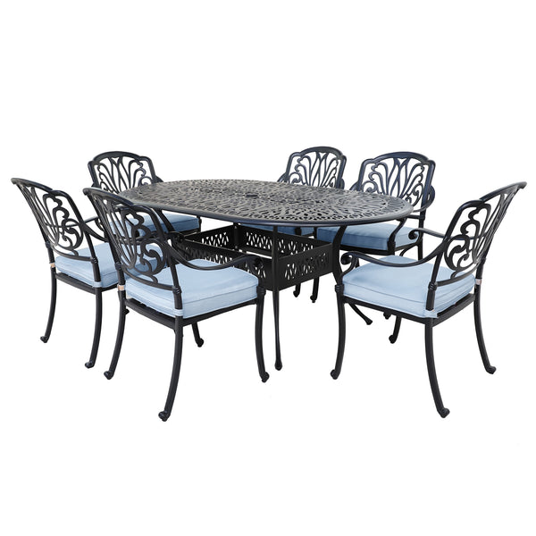 Athens 7-Piece Gun Metal Aluminum Oval Dining Set with 6 Cushioned Arm Dining Chairs