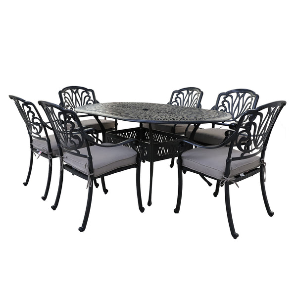 Athens 7-Piece Gun Metal Aluminum Oval Dining Set with 6 Cushioned Arm Dining Chairs