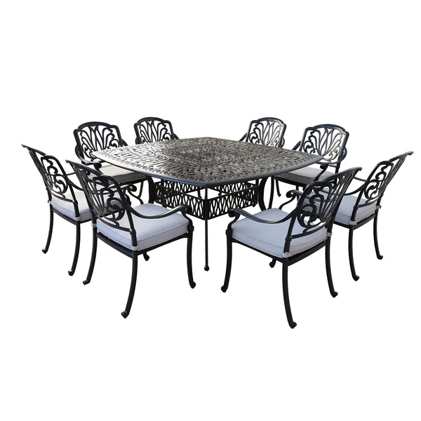 Athens 9-Piece Gun Metal Aluminum Square Dining Set with 8 Cushioned Arm Dining Chairs