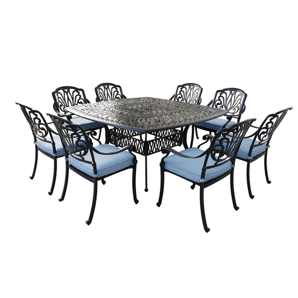 Athens 9-Piece Gun Metal Aluminum Square Dining Set with 8 Cushioned Arm Dining Chairs