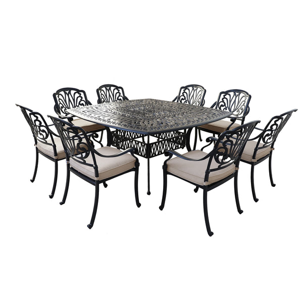 Athens 9-Piece Gun Metal Aluminum Square Dining Set with 8 Cushioned Arm Dining Chairs