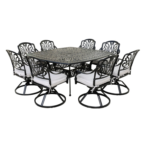 Athens 9-Piece Gun Metal Aluminum Square Dining Set with 8 Cushioned Swivel Dining Chairs