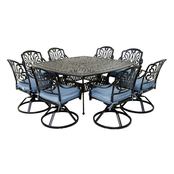 Athens 9-Piece Gun Metal Aluminum Square Dining Set with 8 Cushioned Swivel Dining Chairs