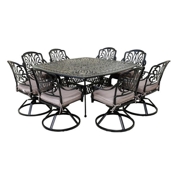 Athens 9-Piece Gun Metal Aluminum Square Dining Set with 8 Cushioned Swivel Dining Chairs