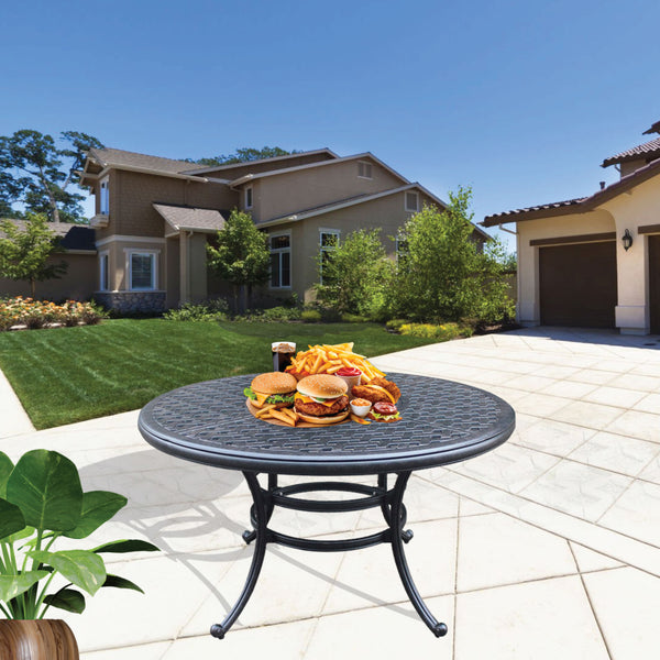 Sparta Outdoor All-Weather and Durable 52" Cast Aluminum Round Dining Table with Umbrella Hole for Patio, Garden, and Terrace