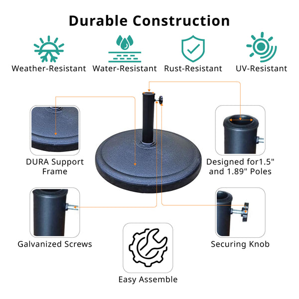 Resin Patio Umbrella Base: 42-Pound Round Freestanding Outdoor Umbrella Base with Locking Screw for 1.5" and 1.89" Pole
