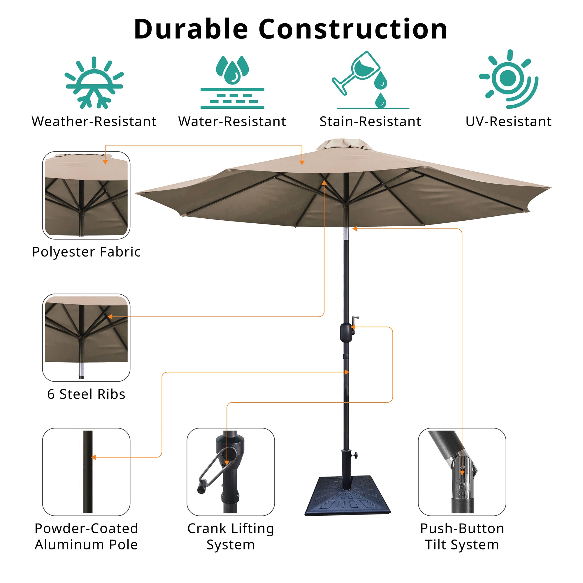 9ft UV-Resistant Patio Umbrella - Waterproof Outdoor Table Shade with Push-Button Tilt & Crank - Ideal for Garden, Deck, Pool & Restaurant (Storage Bag Included, Base Not Included)