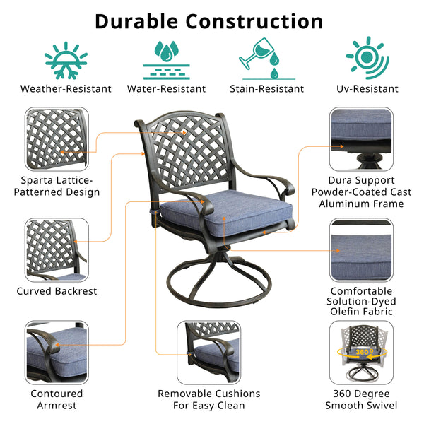 Sparta Outdoor Aluminum Swivel Rocker Dining Chairs with Cushions: Weather-Resistant, Modern, Durable , Comfortable Dining Arm Chairs for Patio, Garden, and Backyard, Set of 2