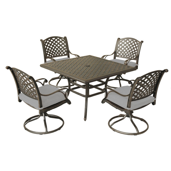 Sparta 5 Piece Aged Bronze Aluminum Square Dining Set with 4 Cushioned Swivel Dining Chairs