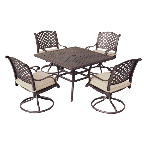 Sparta 5 Piece Aged Bronze Aluminum Square Dining Set with 4 Cushioned Swivel Dining Chairs