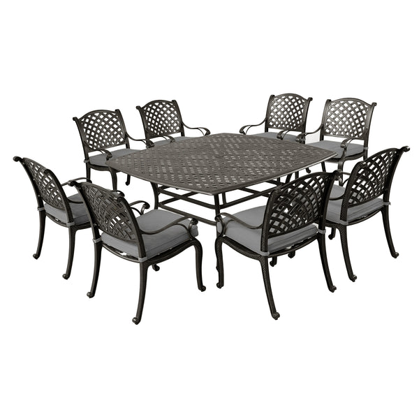 Sparta 9 Piece Aged Bronze Aluminum Square Dining Set with 8 Cushioned Arm Dining Chairs