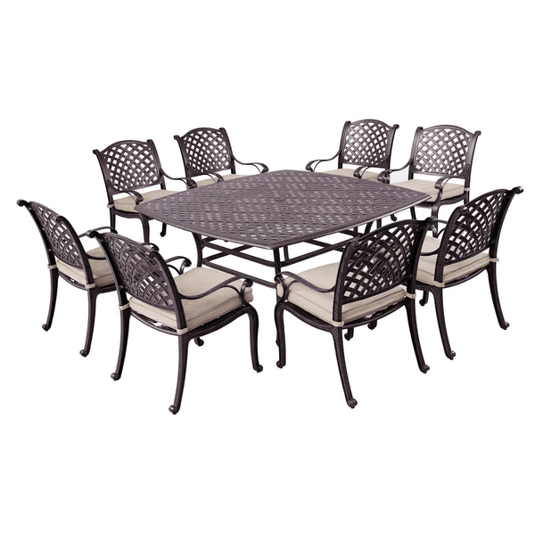 Sparta 9 Piece Aged Bronze Aluminum Square Dining Set with 8 Cushioned Arm Dining Chairs