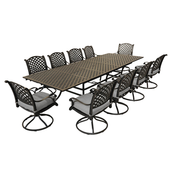 Sparta Stylish Outdoor 11-Piece Aluminum Rectangular Dining Set: Weather-Resistant, Rust-Proof and Durable Patio Furniture Set with 10 Swivel Rocker Chairs with Cushion and Extendable Table