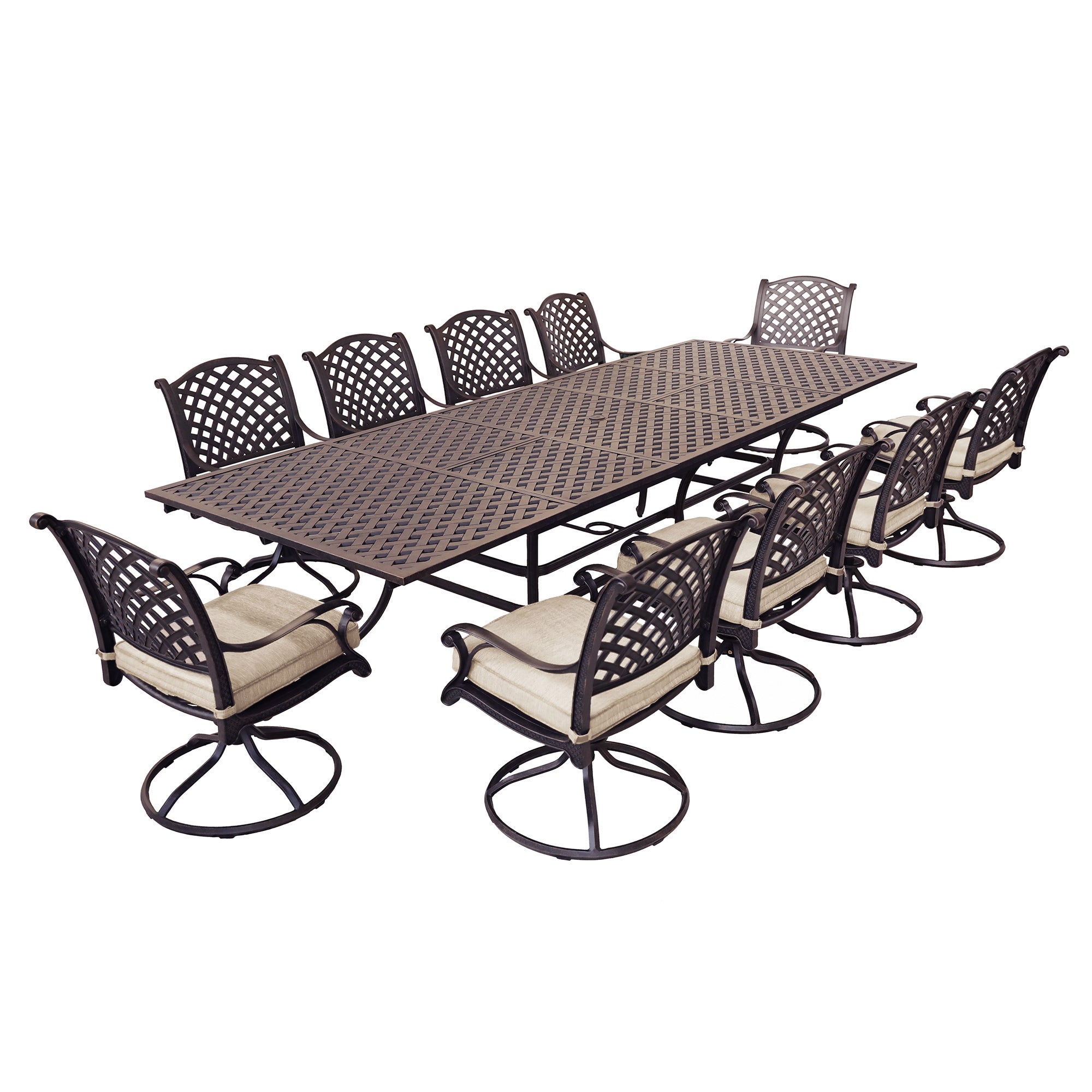 Sparta Stylish Outdoor 11-Piece Aluminum Rectangular Dining Set: Weather-Resistant, Rust-Proof and Durable Patio Furniture Set with 10 Swivel Rocker Chairs with Cushion and Extendable Table