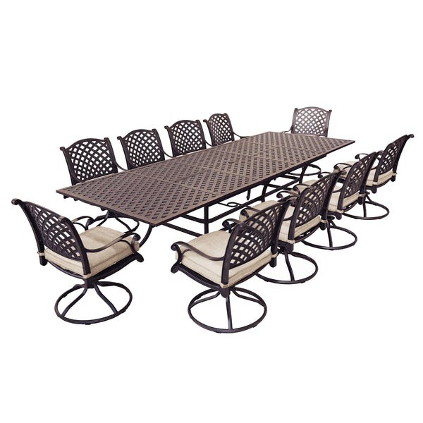 Sparta Stylish Outdoor 11-Piece Aluminum Rectangular Dining Set: Weather-Resistant, Rust-Proof and Durable Patio Furniture Set with 10 Swivel Rocker Chairs with Cushion and Extendable Table
