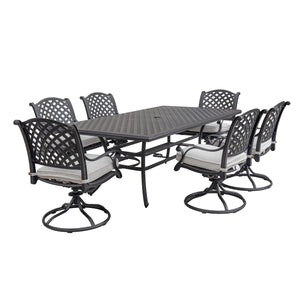 Manhattan Stylish Outdoor 7-Piece Aluminum Dining Set with Cushion: Weather-Resistant, Classic, Durable and Comfortable Patio Furniture Set with Swivel rockers and Rectangle Table