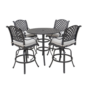 Manhattan Stylish Outdoor 5-Piece Aluminum Bar Set with Cushion: Weather-Resistant, Classic, Durable and Comfortable Patio Furniture Set with Bar stools and Round Table
