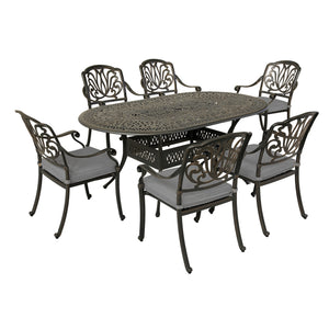 Athens 7-Piece Gun Metal Aluminum Oval Dining Set with 6 Cushioned Arm Dining Chairs