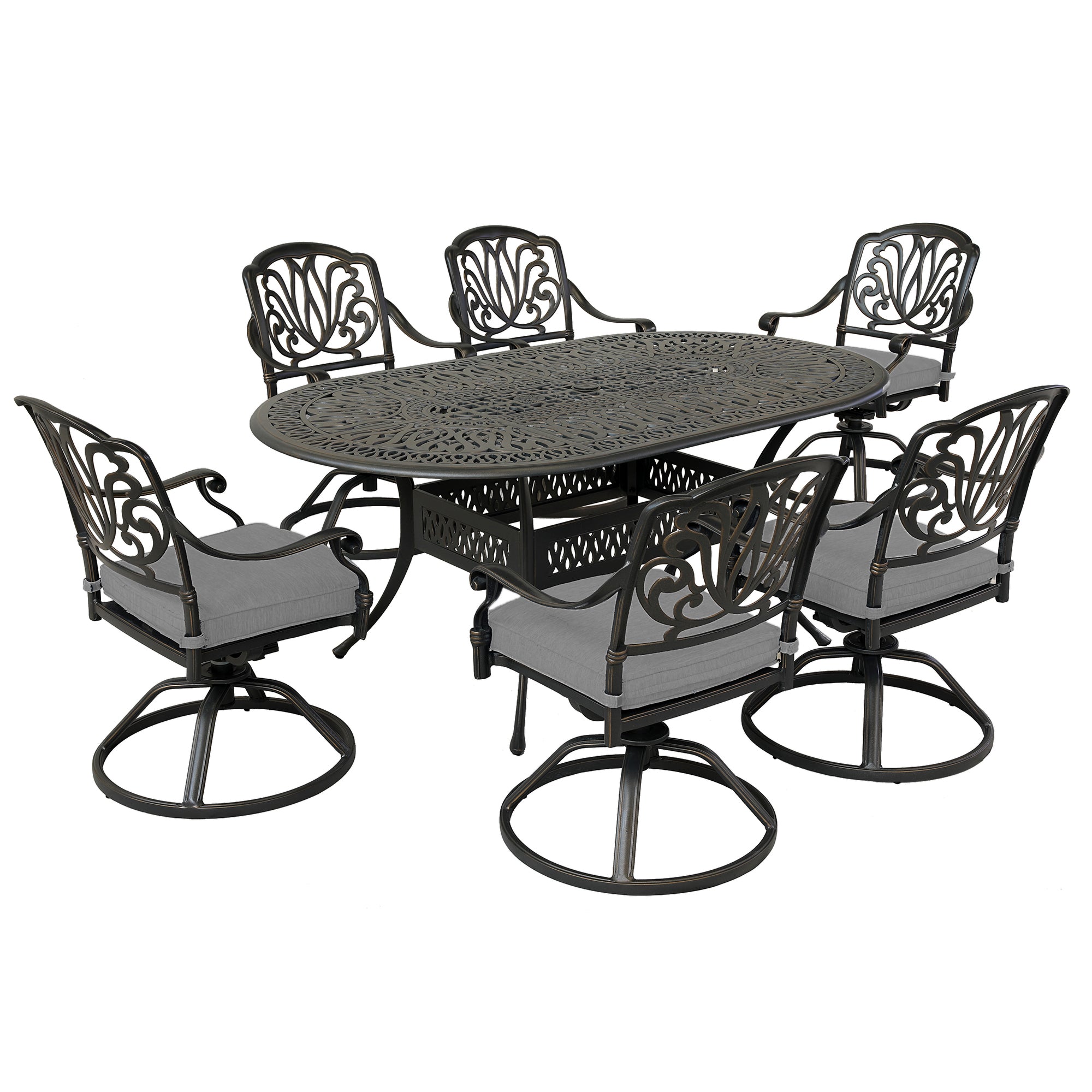 Athens 7-Piece Dessert Night Aluminum Oval Dining Set with 6 Cushioned Swivel Dining Chairs