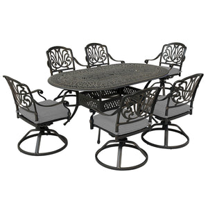 Athens 7-Piece Dessert Night Aluminum Oval Dining Set with 6 Cushioned Swivel Dining Chairs