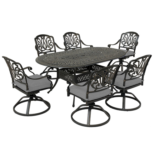 Athens 7-Piece Dessert Night Aluminum Oval Dining Set with 6 Cushioned Swivel Dining Chairs