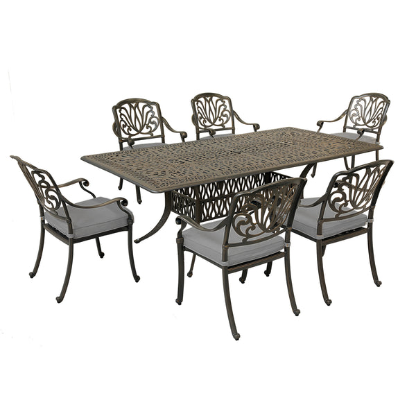 Athens 7-Piece Gun Metal Aluminum Rectangle Dining Set with 6 Cushioned Arm Dining Chairs