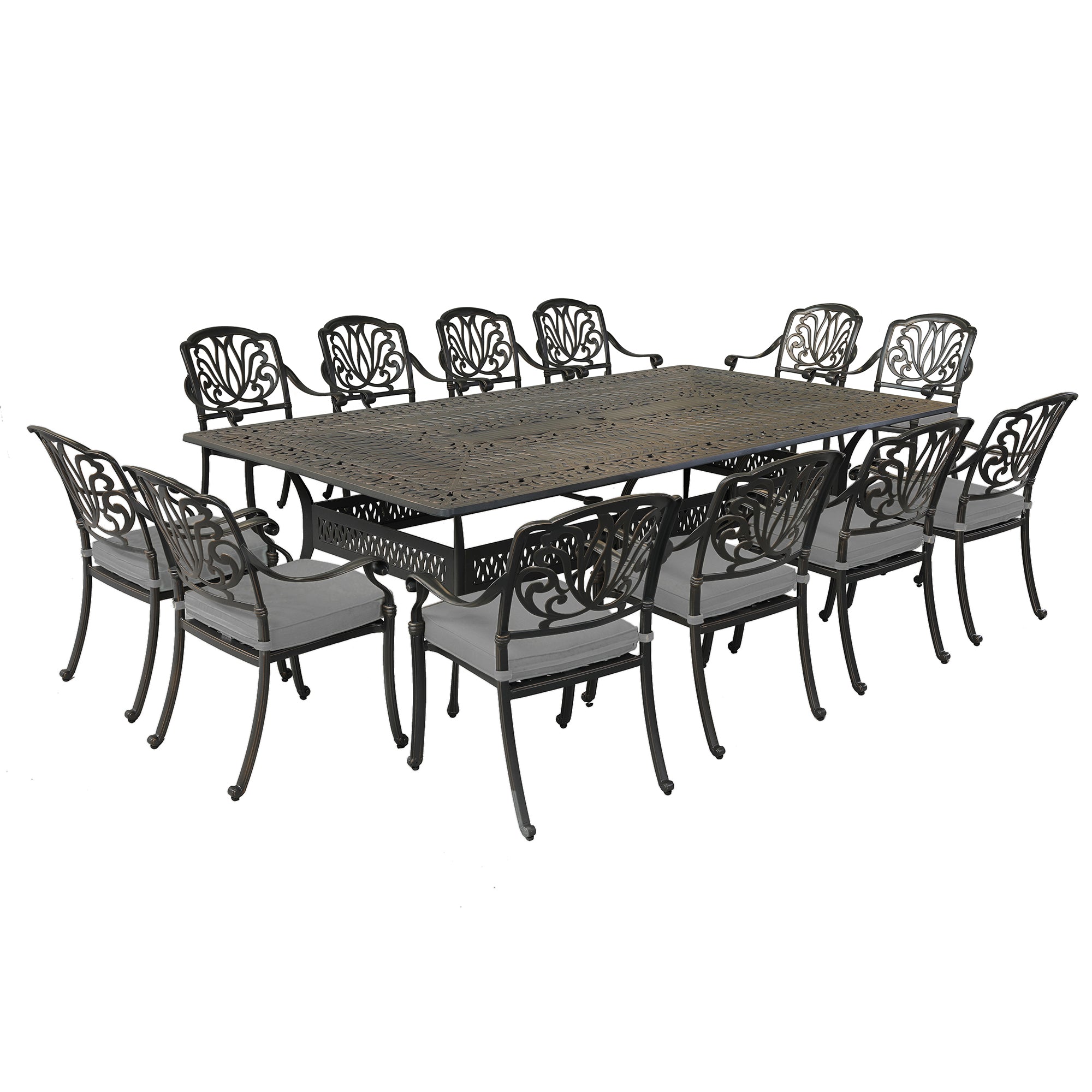 Athens 13-Piece Gun Metal Aluminum Rectangle Dining Set with 12 Cushioned Swivel Dining Chairs